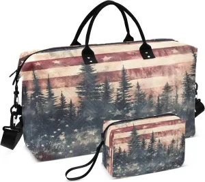 Weekender Bags Travel Duffel Gym Bag Cute Bear Seamless Pattern Carry on Overnight Tote Bag with Toiletry Bag for Airplane Travel Trip Gym Yoga (American Flag Forest)