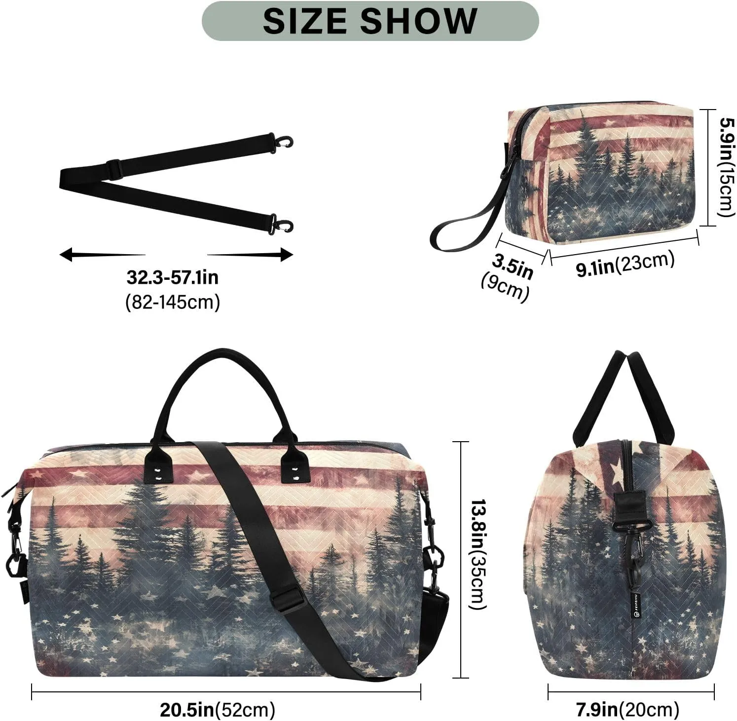 Weekender Bags Travel Duffel Gym Bag Cute Bear Seamless Pattern Carry on Overnight Tote Bag with Toiletry Bag for Airplane Travel Trip Gym Yoga (American Flag Forest)