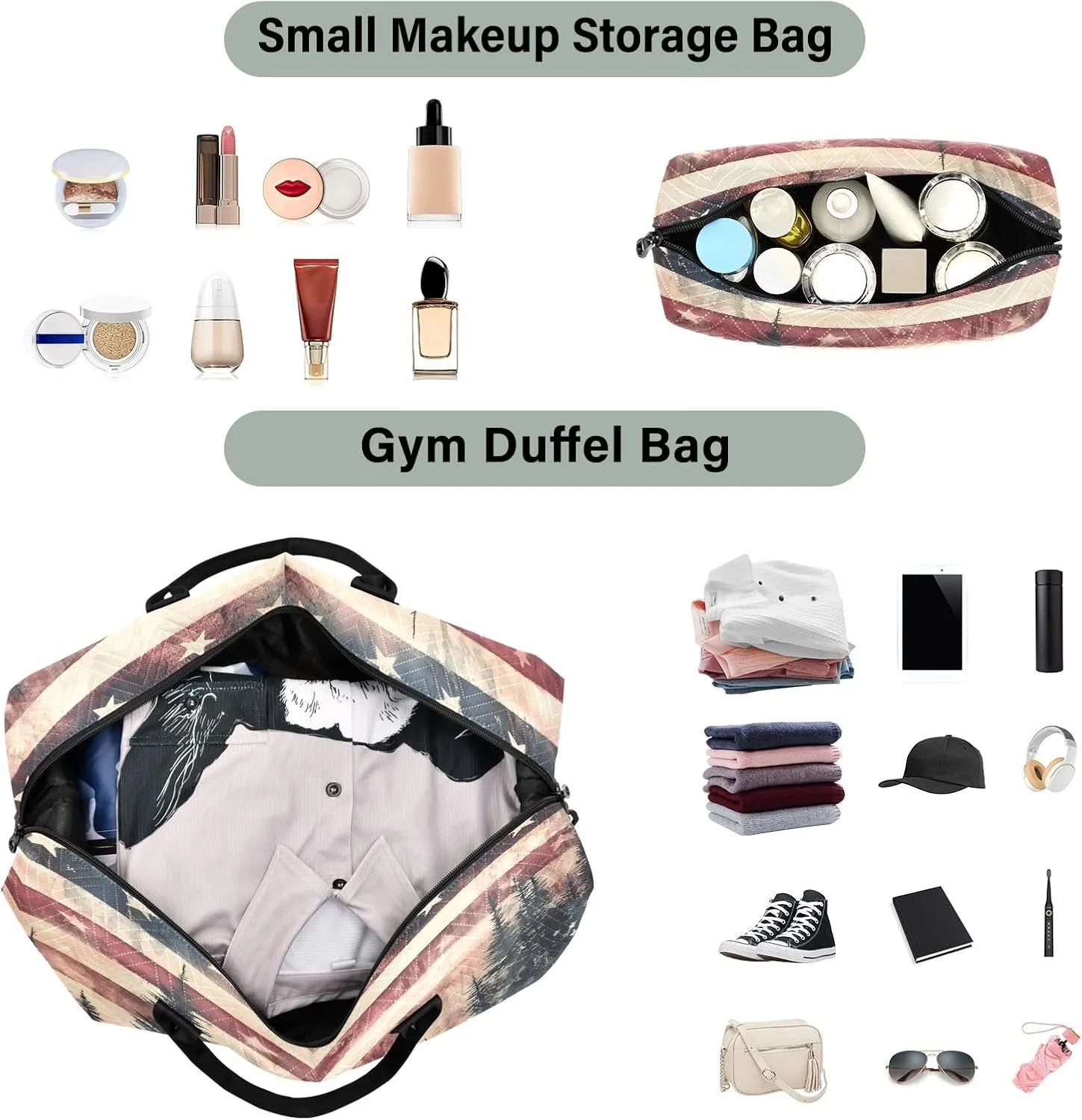 Weekender Bags Travel Duffel Gym Bag Cute Bear Seamless Pattern Carry on Overnight Tote Bag with Toiletry Bag for Airplane Travel Trip Gym Yoga (American Flag Forest)