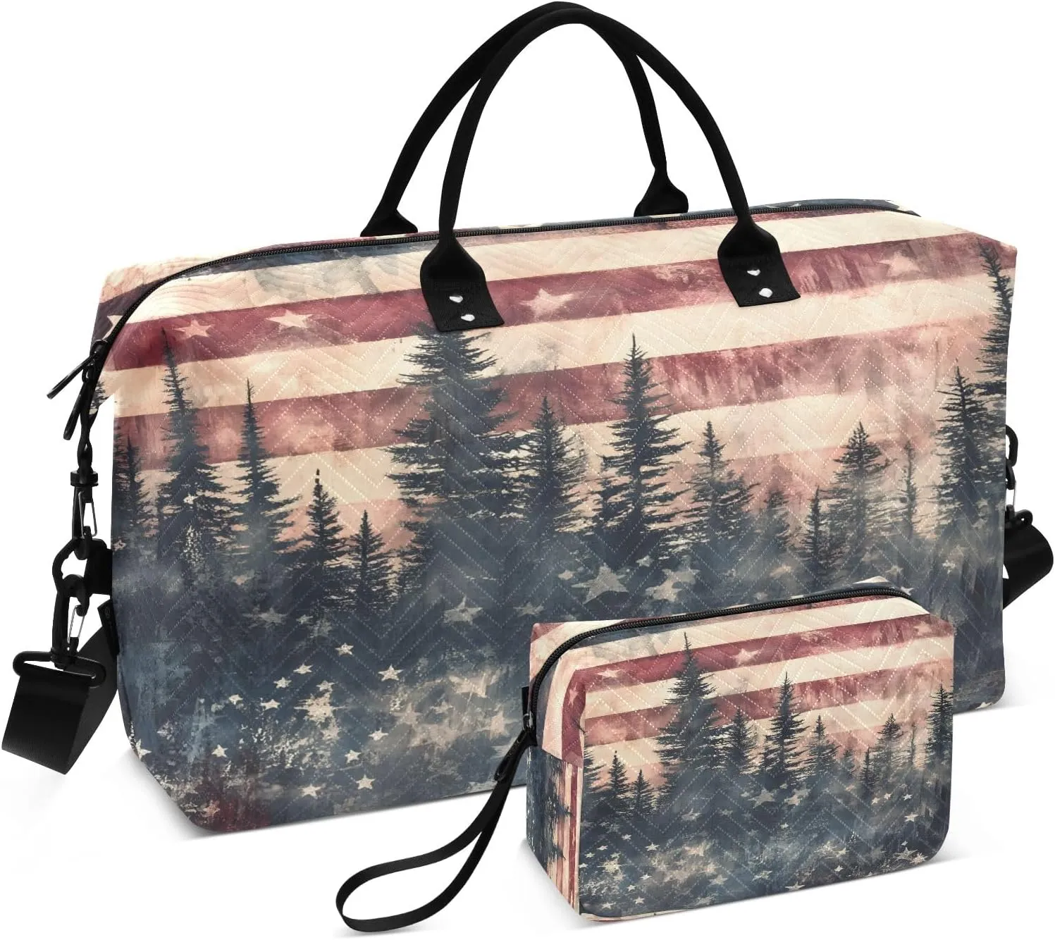 Weekender Bags Travel Duffel Gym Bag Cute Bear Seamless Pattern Carry on Overnight Tote Bag with Toiletry Bag for Airplane Travel Trip Gym Yoga (American Flag Forest)