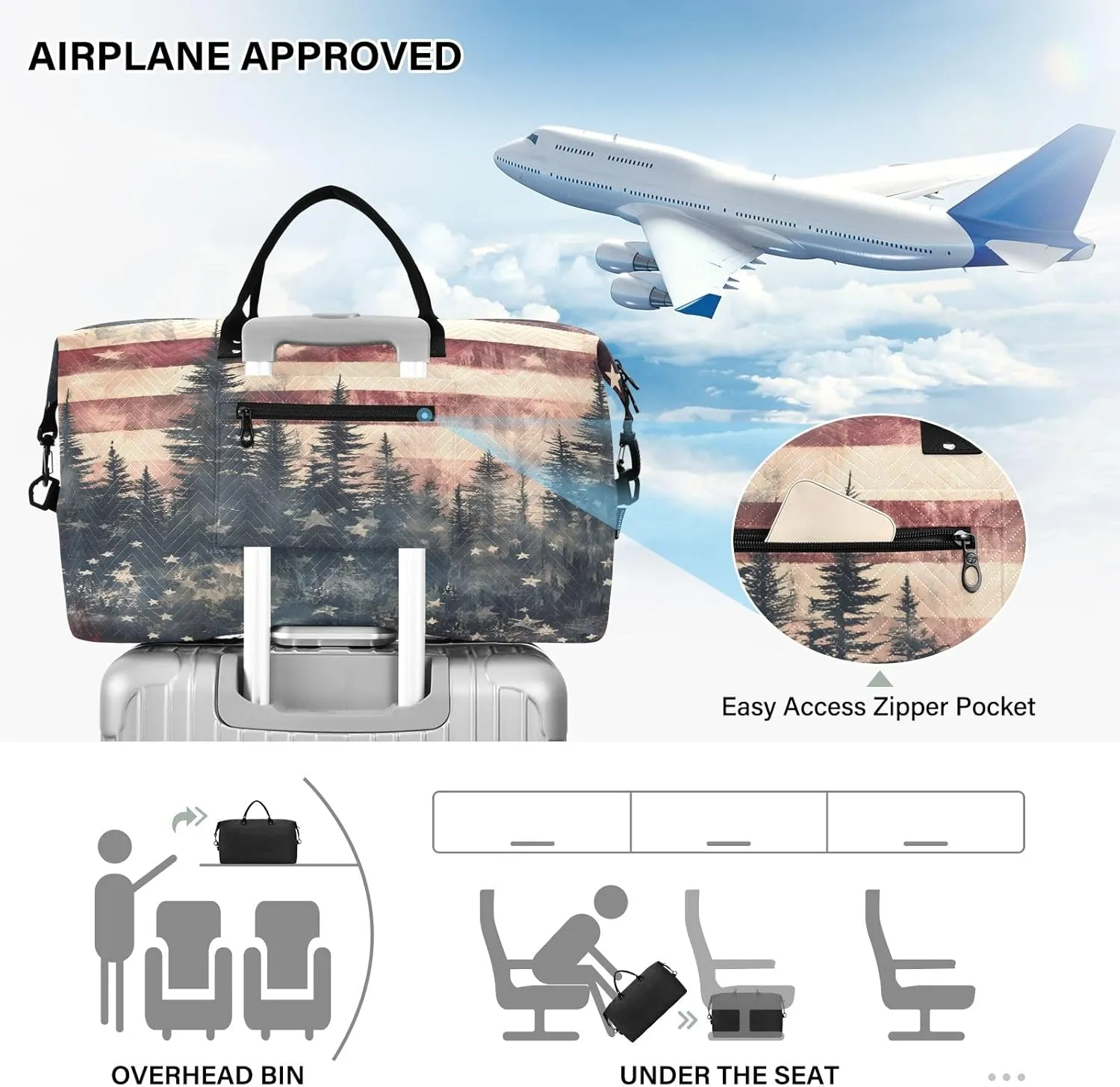 Weekender Bags Travel Duffel Gym Bag Cute Bear Seamless Pattern Carry on Overnight Tote Bag with Toiletry Bag for Airplane Travel Trip Gym Yoga (American Flag Forest)