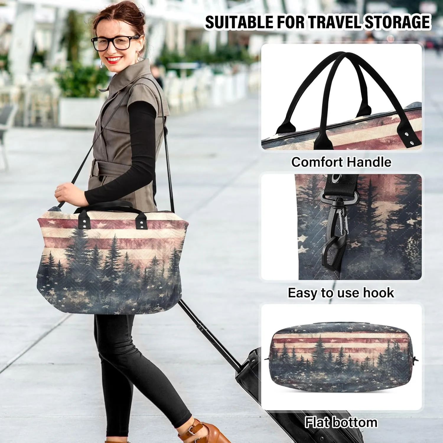 Weekender Bags Travel Duffel Gym Bag Cute Bear Seamless Pattern Carry on Overnight Tote Bag with Toiletry Bag for Airplane Travel Trip Gym Yoga (American Flag Forest)