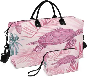 Weekender Bags Travel Duffel Gym Bag Pink Turtle Leaves Pattern Carry on Overnight Tote Bag with Toiletry Bag for Airplane Travel Trip Gym Yoga