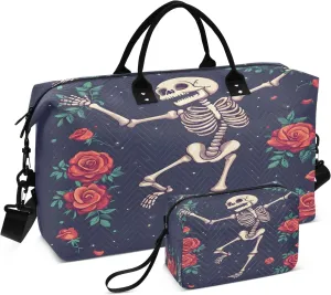 Weekender Bags Travel Duffel Gym Bag Rose Dancing Skeleton Carry on Overnight Tote Bag with Toiletry Bag for Airplane Travel Trip Gym Yoga
