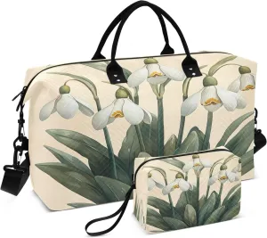 Weekender Bags Travel Duffel Gym Bag Snowdrops with Green Leaves Carry on Overnight Tote Bag with Toiletry Bag for Airplane Travel Trip Gym Yoga