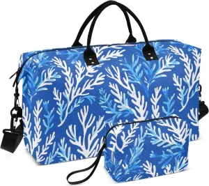 Weekender Bags Travel Duffel Gym Bag Whimsical Seaweed Kelp Coastal Blue Beach Carry on Overnight Tote Bag with Toiletry Bag for Airplane Travel Trip Gym Yoga
