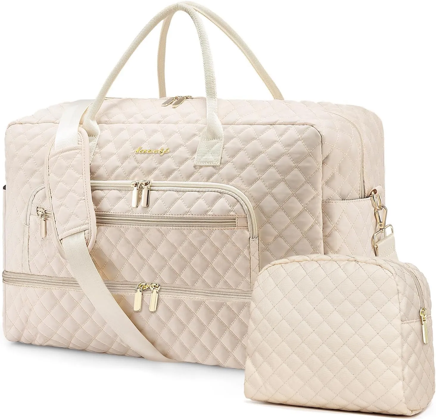Weekender Overnight Bag Women: Large Travel Duffle Bag with Shoe Compartment & Wet Pocket Carry On Tote Bag Gym Duffel Bag with Toiletry Bag Bag for Hospital Beige