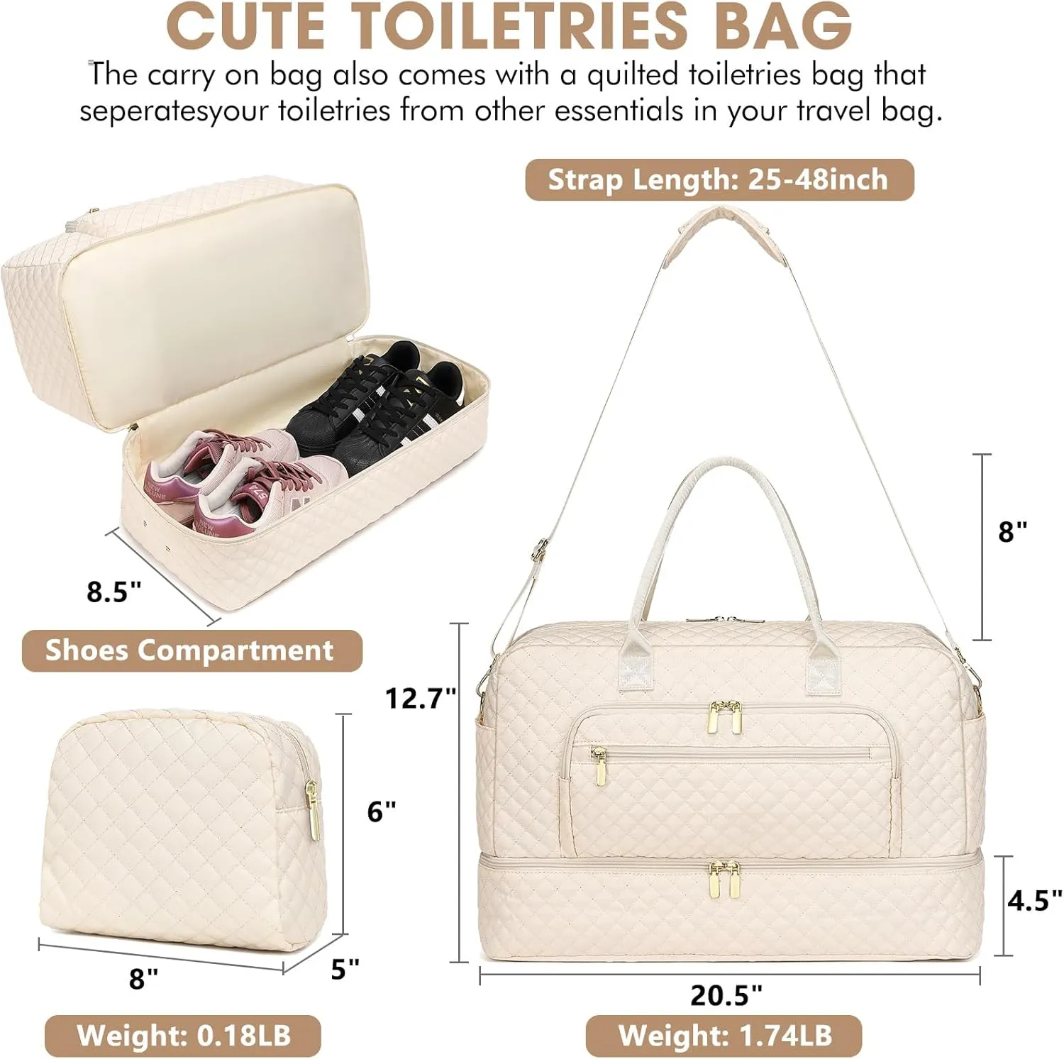 Weekender Overnight Bag Women: Large Travel Duffle Bag with Shoe Compartment & Wet Pocket Carry On Tote Bag Gym Duffel Bag with Toiletry Bag Bag for Hospital Beige