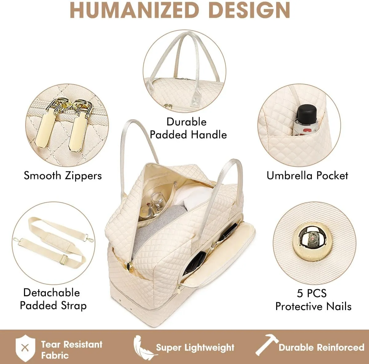 Weekender Overnight Bag Women: Large Travel Duffle Bag with Shoe Compartment & Wet Pocket Carry On Tote Bag Gym Duffel Bag with Toiletry Bag Bag for Hospital Beige