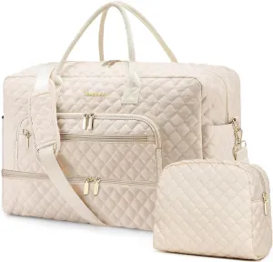 Weekender Overnight Bag Women: Large Travel Duffle Bag with Shoe Compartment & Wet Pocket Carry On Tote Bag Gym Duffel Bag with Toiletry Bag Bag for Hospital Beige