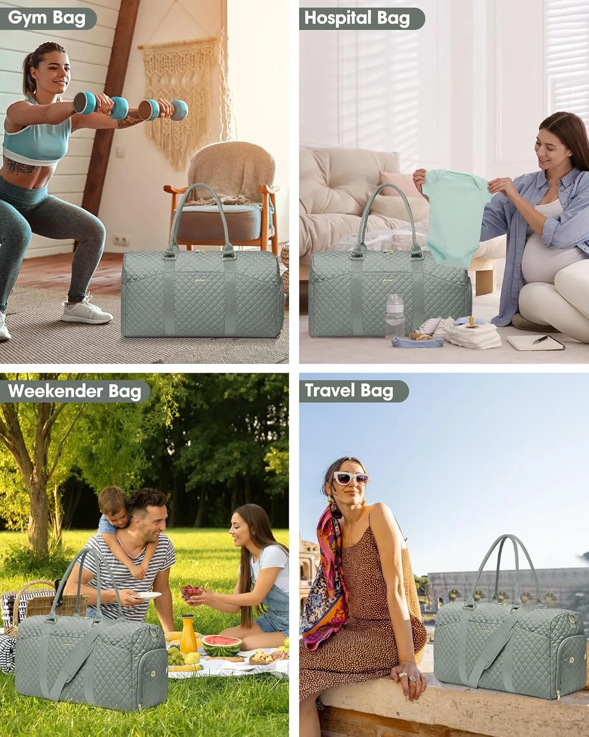 Weekender Travel Duffle Bag for Women - Carry on Bag with Shoe Compartment Overnight Bags with Toiletry Bag Wet Pocket Weekend Traveling Yoga Gym Hospital Bags for Labor and Delivery Green