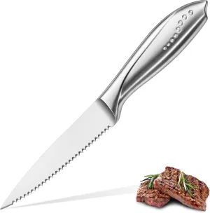 WELLSTAR Utility Knife, 4 Inch Serrated Paring Knife with Super Sharp High Carbon Stainless Steel Blade for Fruit Vegetable Cutting Peeling Slicing – Silver
