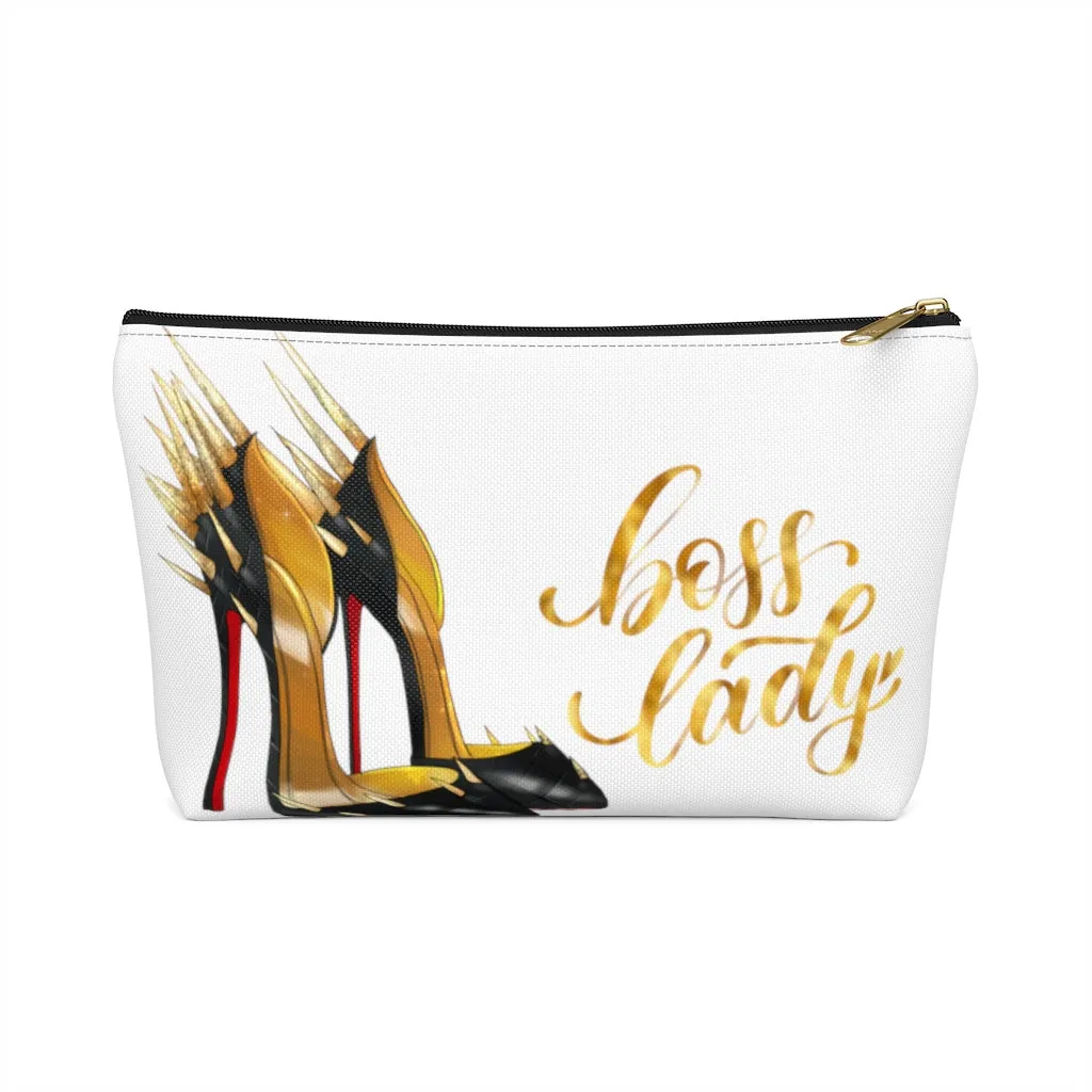White & Gold Boss Lady  Makeup & Accessory Pouch w T-bottom