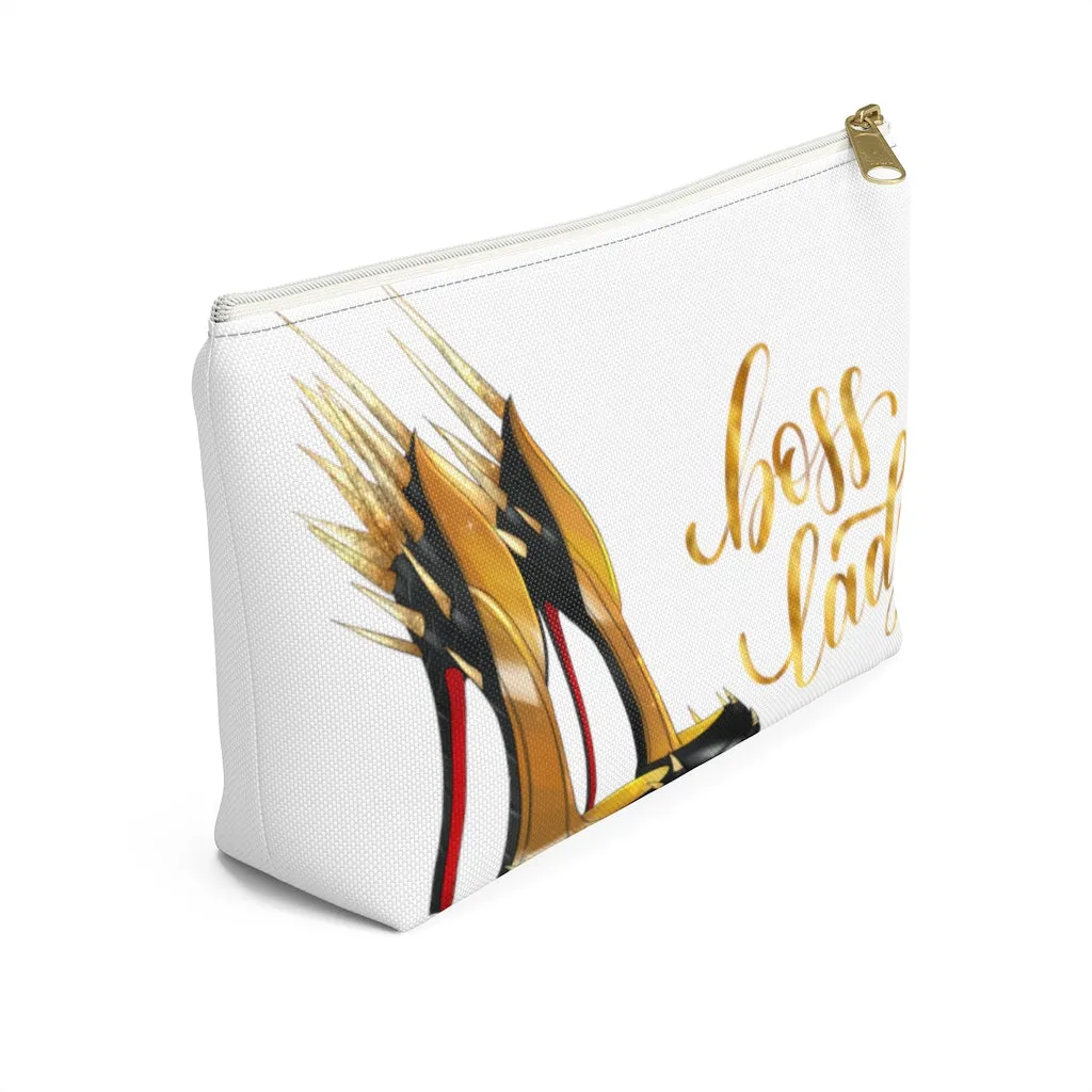 White & Gold Boss Lady  Makeup & Accessory Pouch w T-bottom