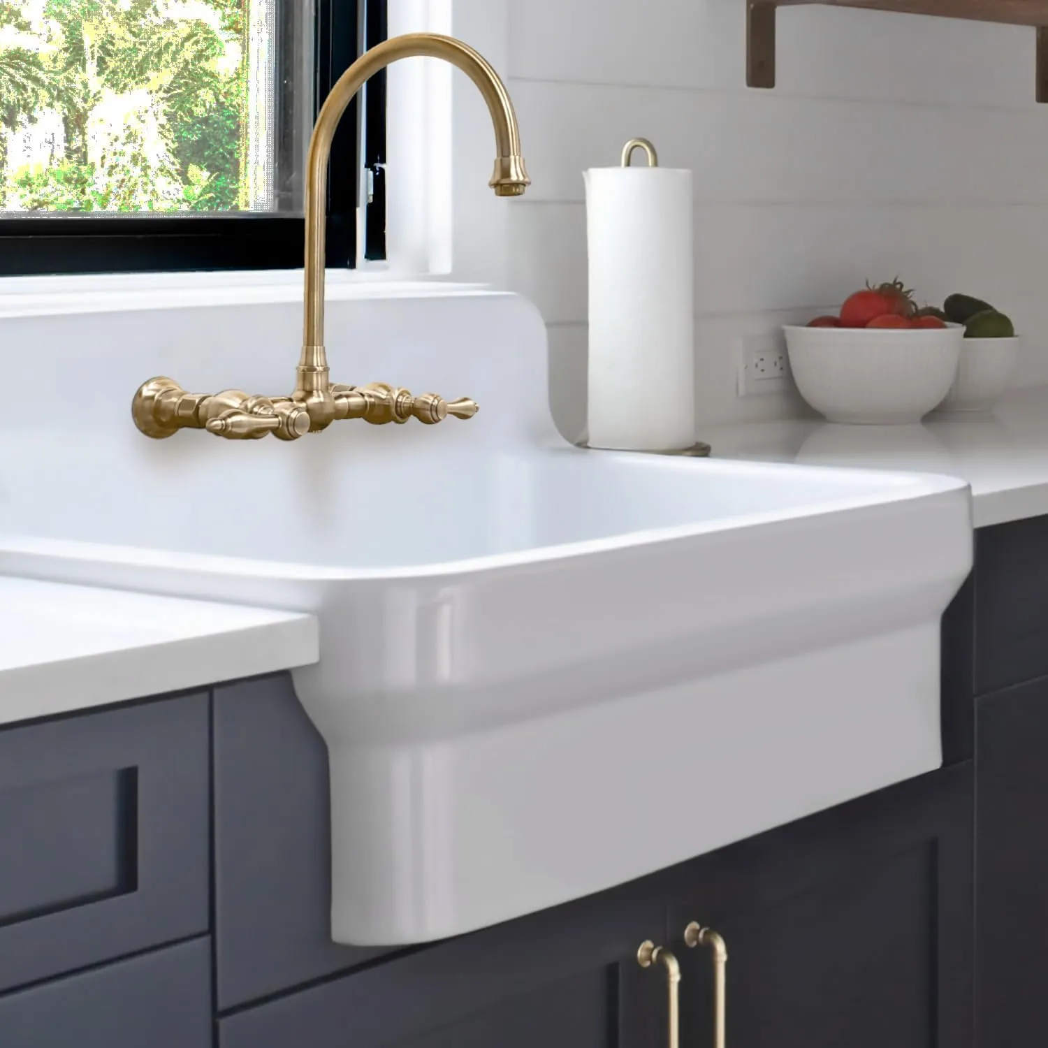 Whitehaus Old Fashioned Country Fireclay Kitchen Sink with High Backsplash, 8" Pre-Drilled Faucet Holes, 3½" Rear Center Drain, Gloss White Finish; Color: White Kitchen Sink