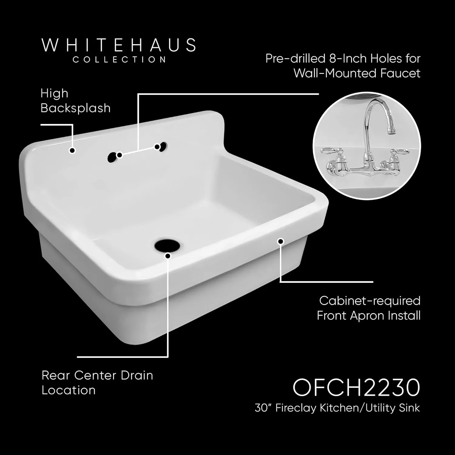 Whitehaus Old Fashioned Country Fireclay Kitchen Sink with High Backsplash, 8" Pre-Drilled Faucet Holes, 3½" Rear Center Drain, Gloss White Finish; Color: White Kitchen Sink
