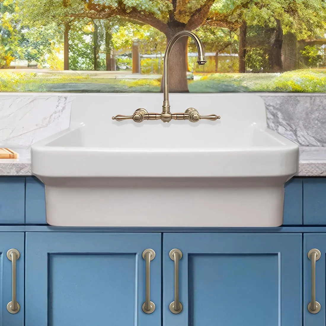 Whitehaus Old Fashioned Country Fireclay Kitchen Sink with High Backsplash, 8" Pre-Drilled Faucet Holes, 3½" Rear Center Drain, Gloss White Finish; Color: White Kitchen Sink