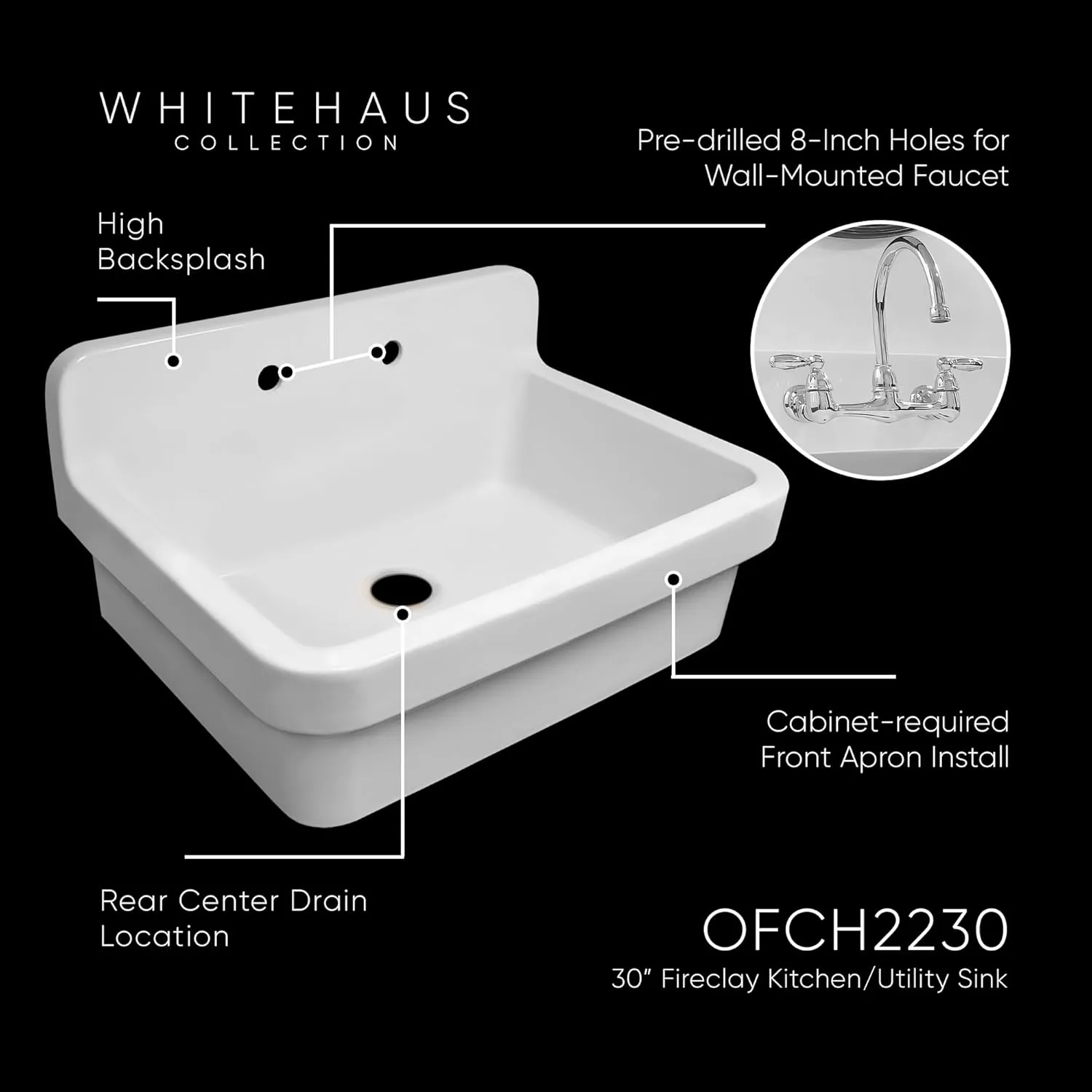 Whitehaus Old Fashioned Country Fireclay Kitchen Sink with High Backsplash, 8" Pre-Drilled Faucet Holes, 3½" Rear Center Drain, Gloss White Finish; Color: White Kitchen Sink