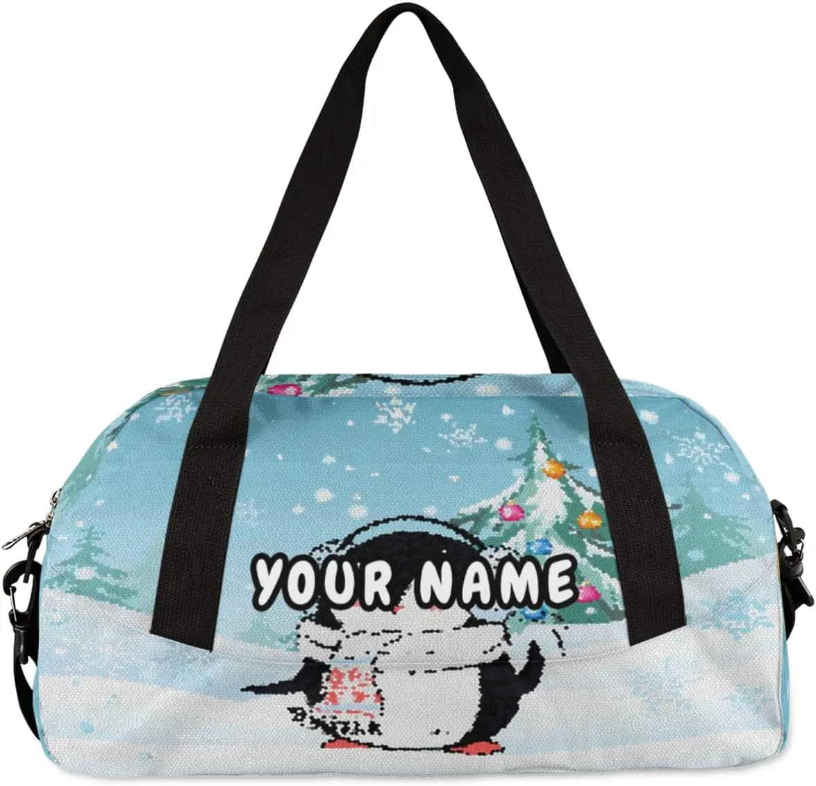 Winter Penguin Christmas Tree Personalized Kids Duffel Bag for Girls Boys, Penguin Customized Name Dance Bag Overnight Small Duffel Bag Carry On Weekend Sports Gym Travel Bag for School Practice Gymnastics Ballet