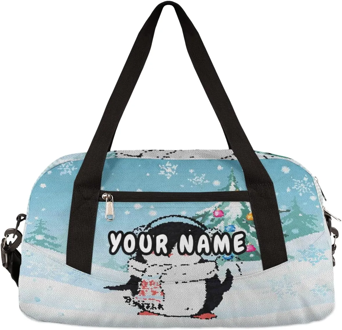 Winter Penguin Christmas Tree Personalized Kids Duffel Bag for Girls Boys, Penguin Customized Name Dance Bag Overnight Small Duffel Bag Carry On Weekend Sports Gym Travel Bag for School Practice Gymnastics Ballet