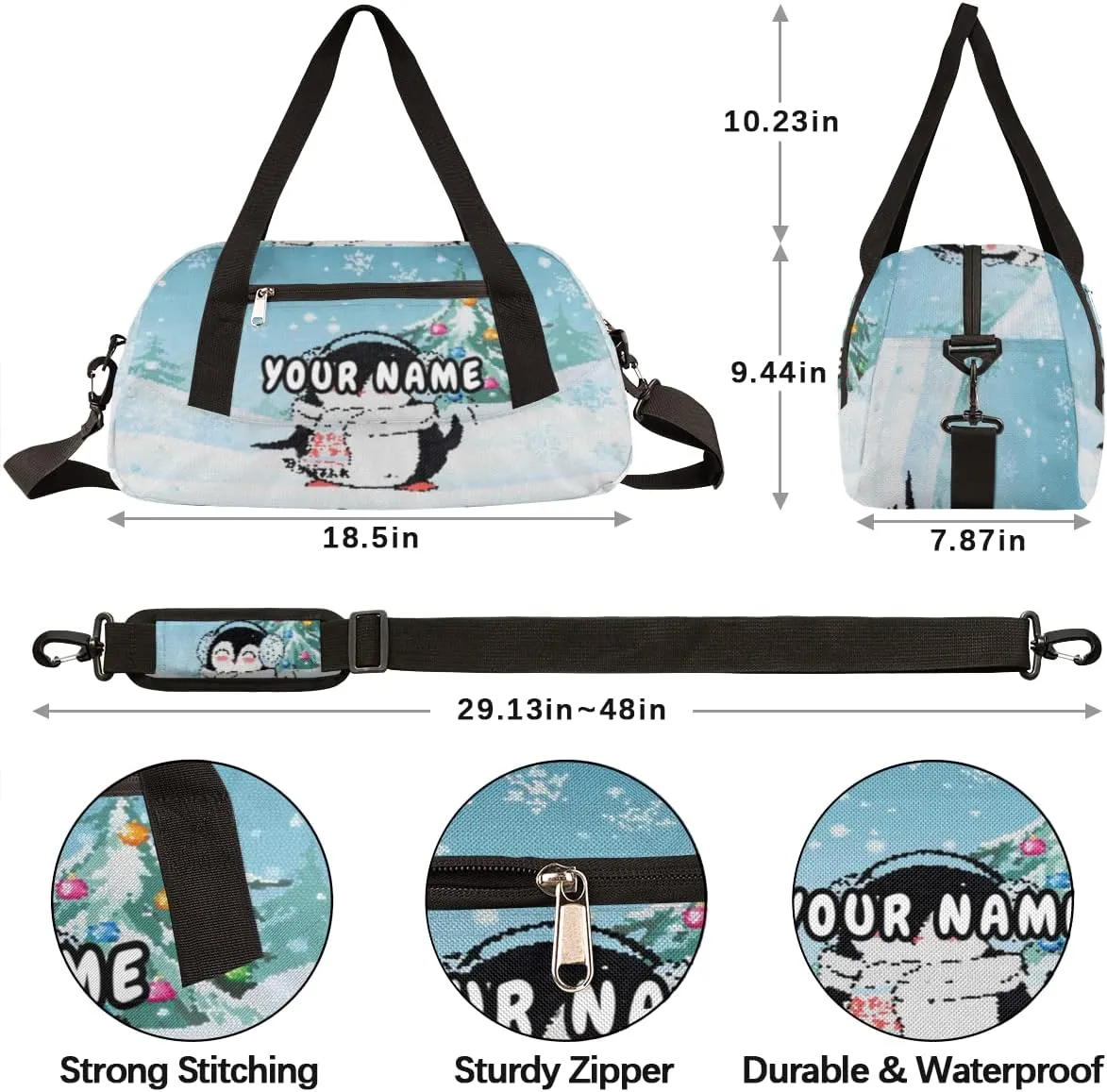 Winter Penguin Christmas Tree Personalized Kids Duffel Bag for Girls Boys, Penguin Customized Name Dance Bag Overnight Small Duffel Bag Carry On Weekend Sports Gym Travel Bag for School Practice Gymnastics Ballet