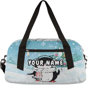 Winter Penguin Christmas Tree Personalized Kids Duffel Bag for Girls Boys, Penguin Customized Name Dance Bag Overnight Small Duffel Bag Carry On Weekend Sports Gym Travel Bag for School Practice Gymnastics Ballet