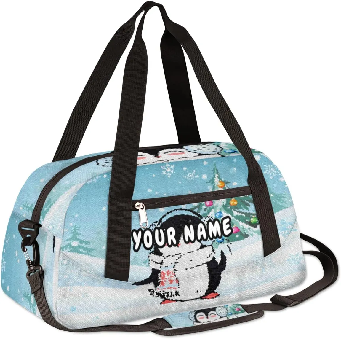 Winter Penguin Christmas Tree Personalized Kids Duffel Bag for Girls Boys, Penguin Customized Name Dance Bag Overnight Small Duffel Bag Carry On Weekend Sports Gym Travel Bag for School Practice Gymnastics Ballet