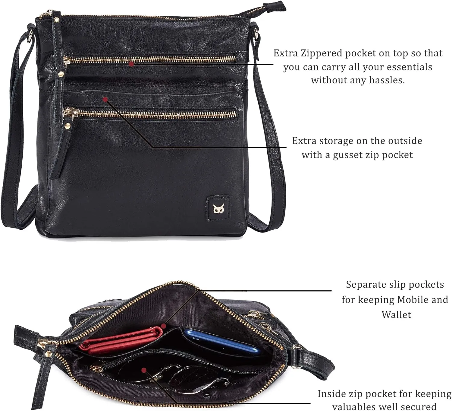Wise Owl Accessories Small Crossbody Bags for Women Real Leather Purse Handbags Crossover Over the Shoulder Pocketbook
