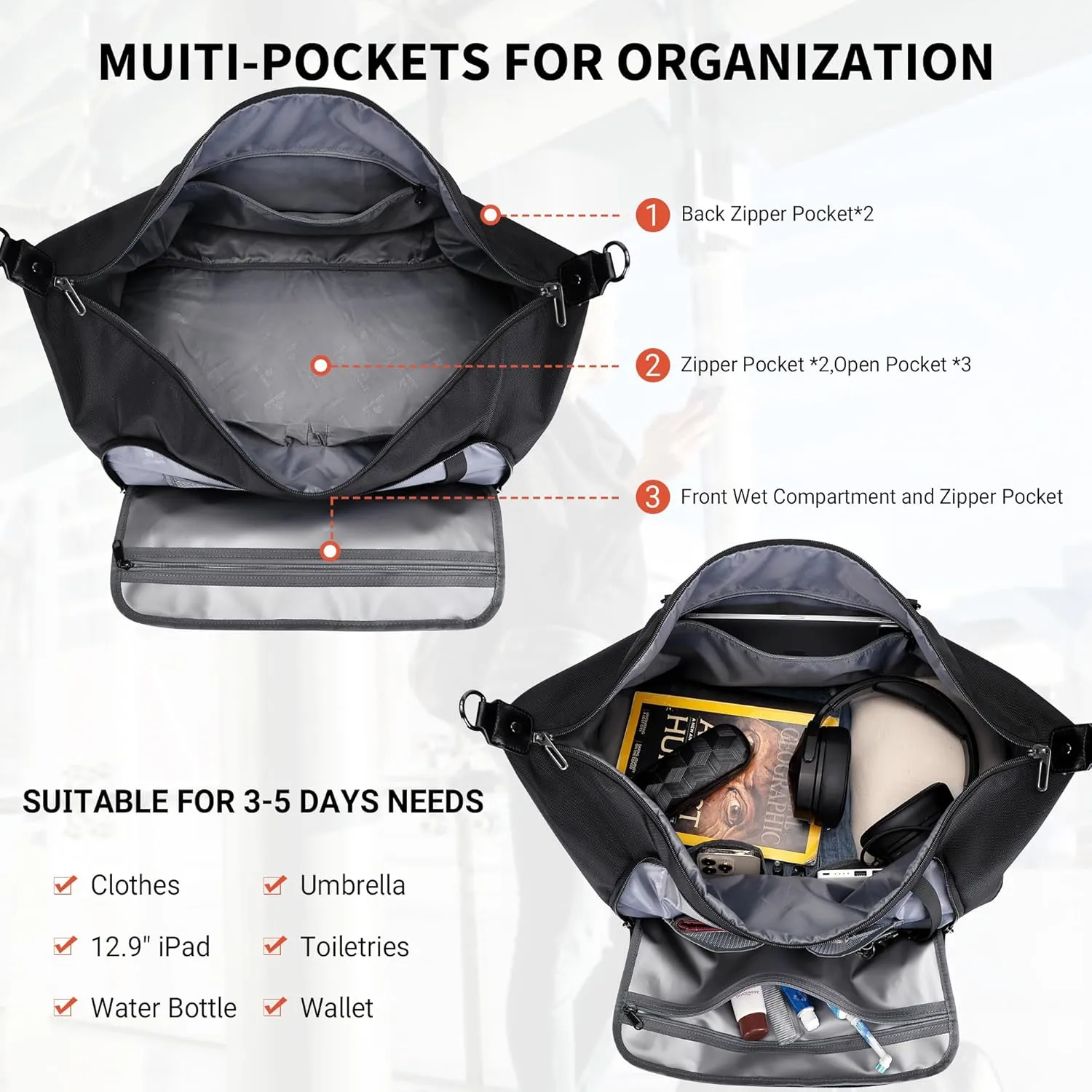WITZMAN Travel Duffle Bags for Men Weekender Bags with Toiletry Bag Sets Carry On Overnight Bag 55L （B696 Black）