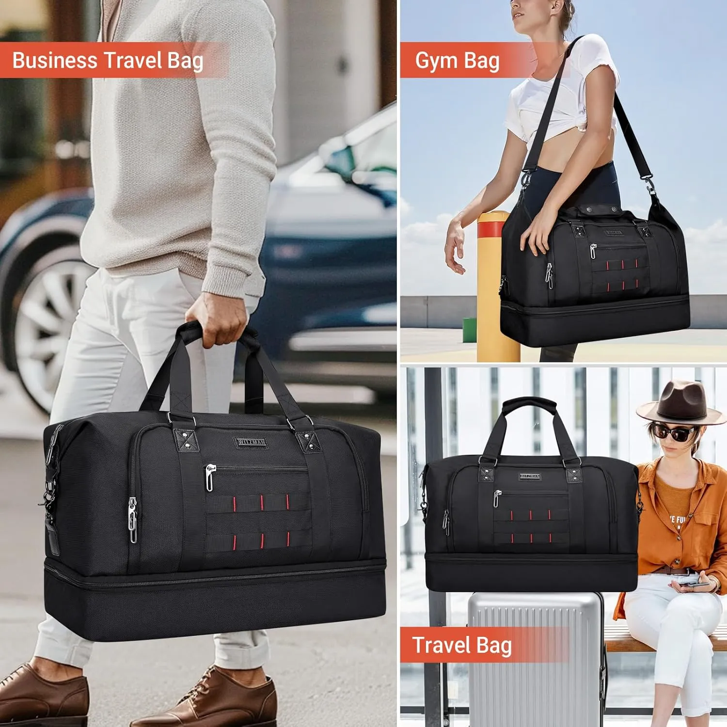 WITZMAN Travel Duffle Bags for Men Weekender Bags with Toiletry Bag Sets Carry On Overnight Bag 55L （B696 Black）