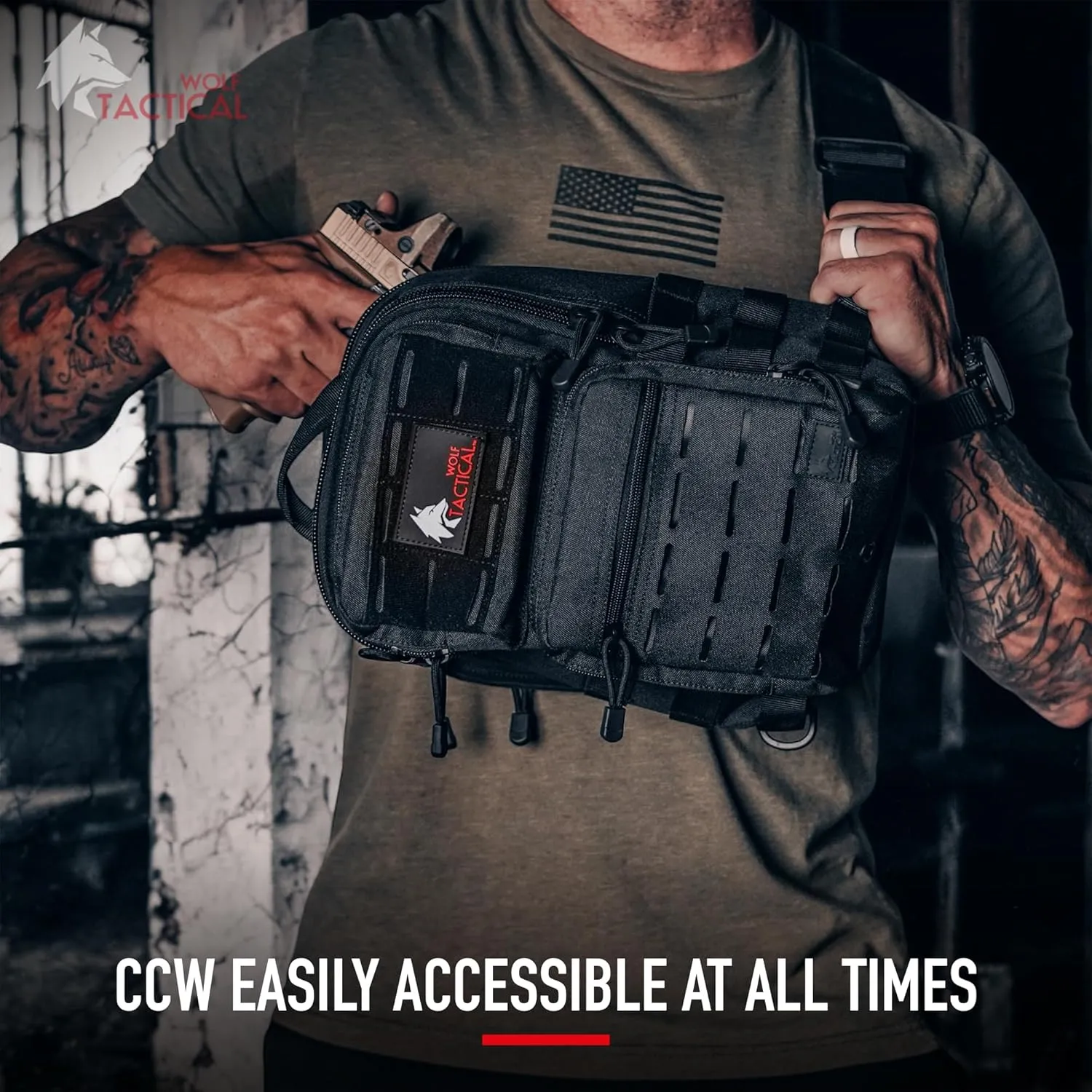 WOLF TACTICAL EDC Sling Bag - Concealed Carry Shoulder Bag for Range, Travel, Hiking, Outdoor Sports (Black)