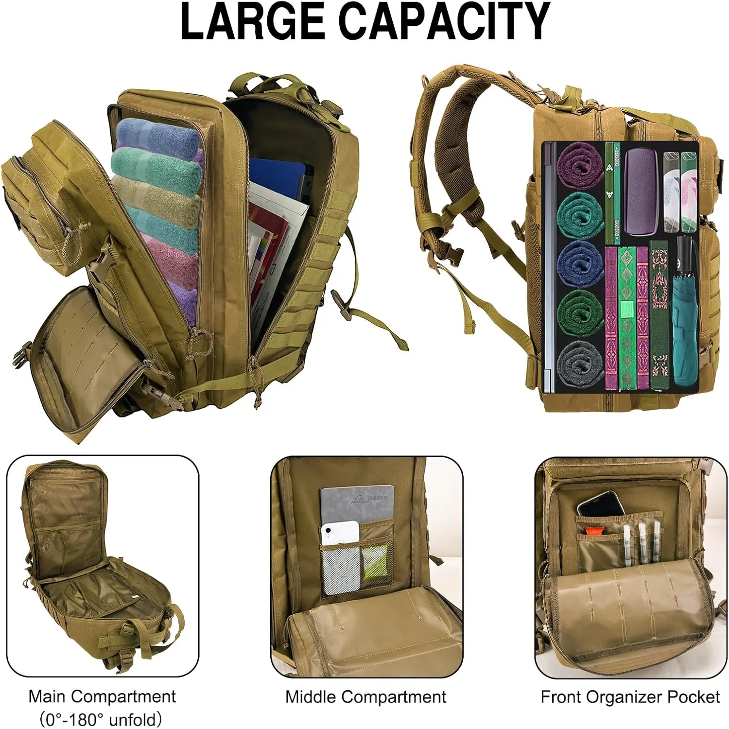 WOLT | Tactical Backpack for Men 45L Military Molle Backpack Large 3 Day Assault Pack Rucking Backpack for Hiking Survival(Khaki)