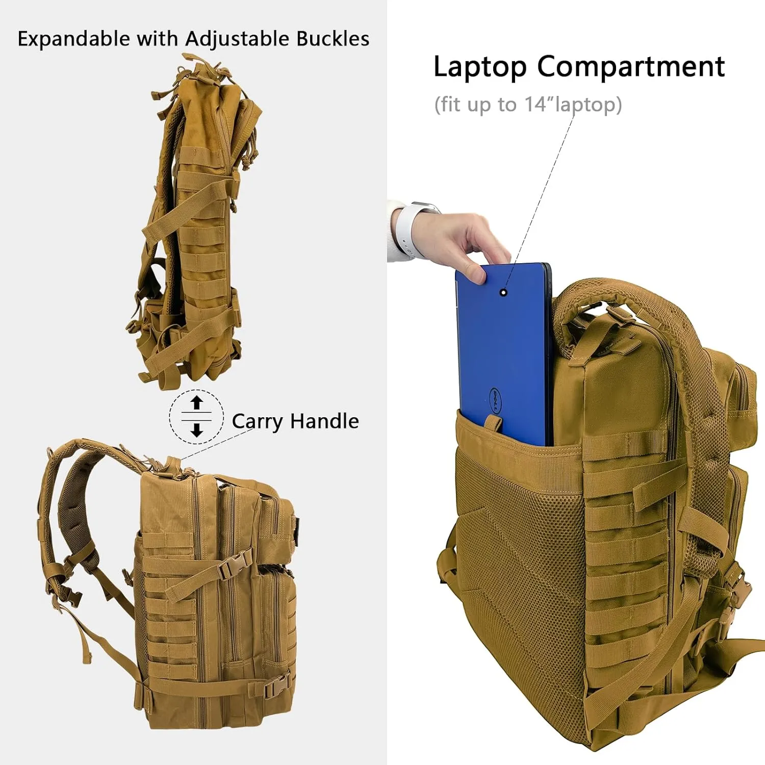 WOLT | Tactical Backpack for Men 45L Military Molle Backpack Large 3 Day Assault Pack Rucking Backpack for Hiking Survival(Khaki)