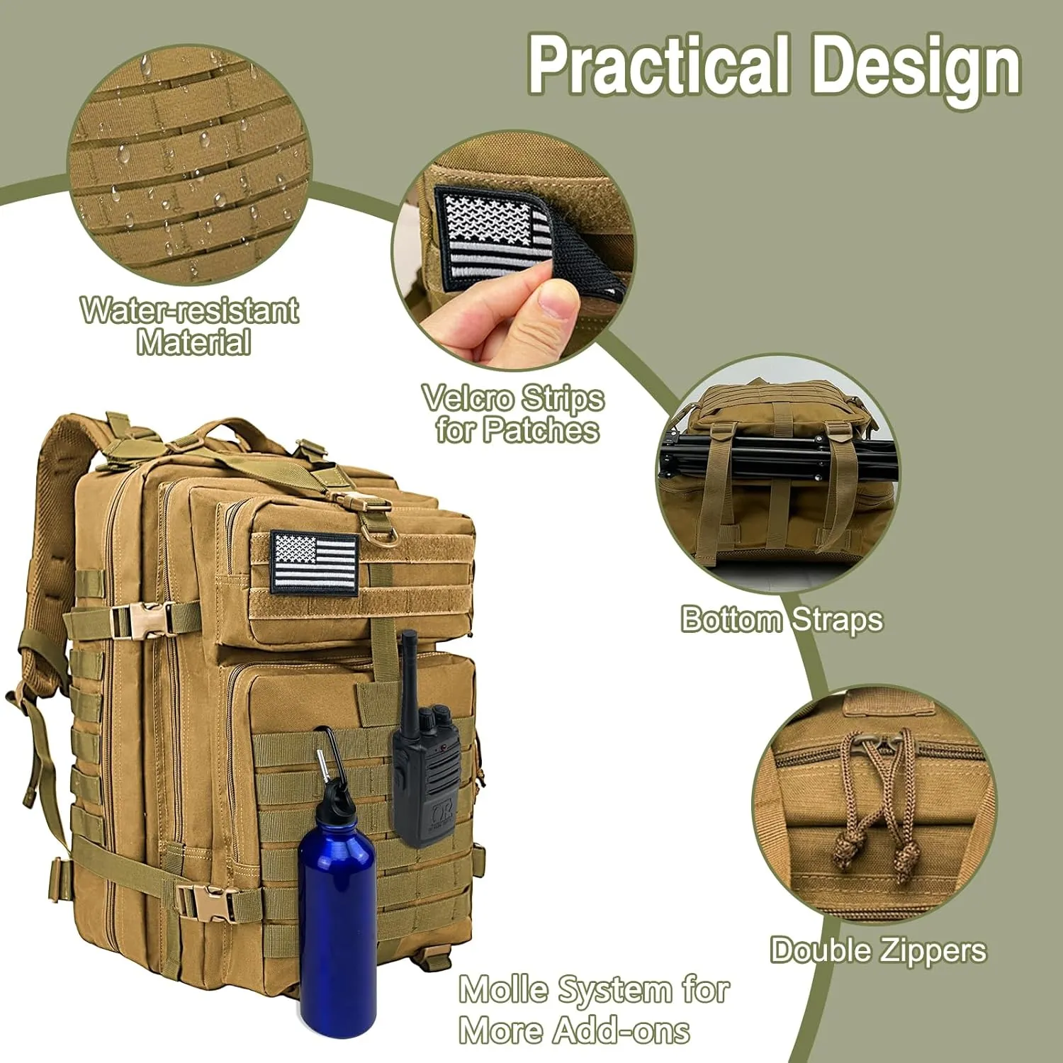 WOLT | Tactical Backpack for Men 45L Military Molle Backpack Large 3 Day Assault Pack Rucking Backpack for Hiking Survival(Khaki)
