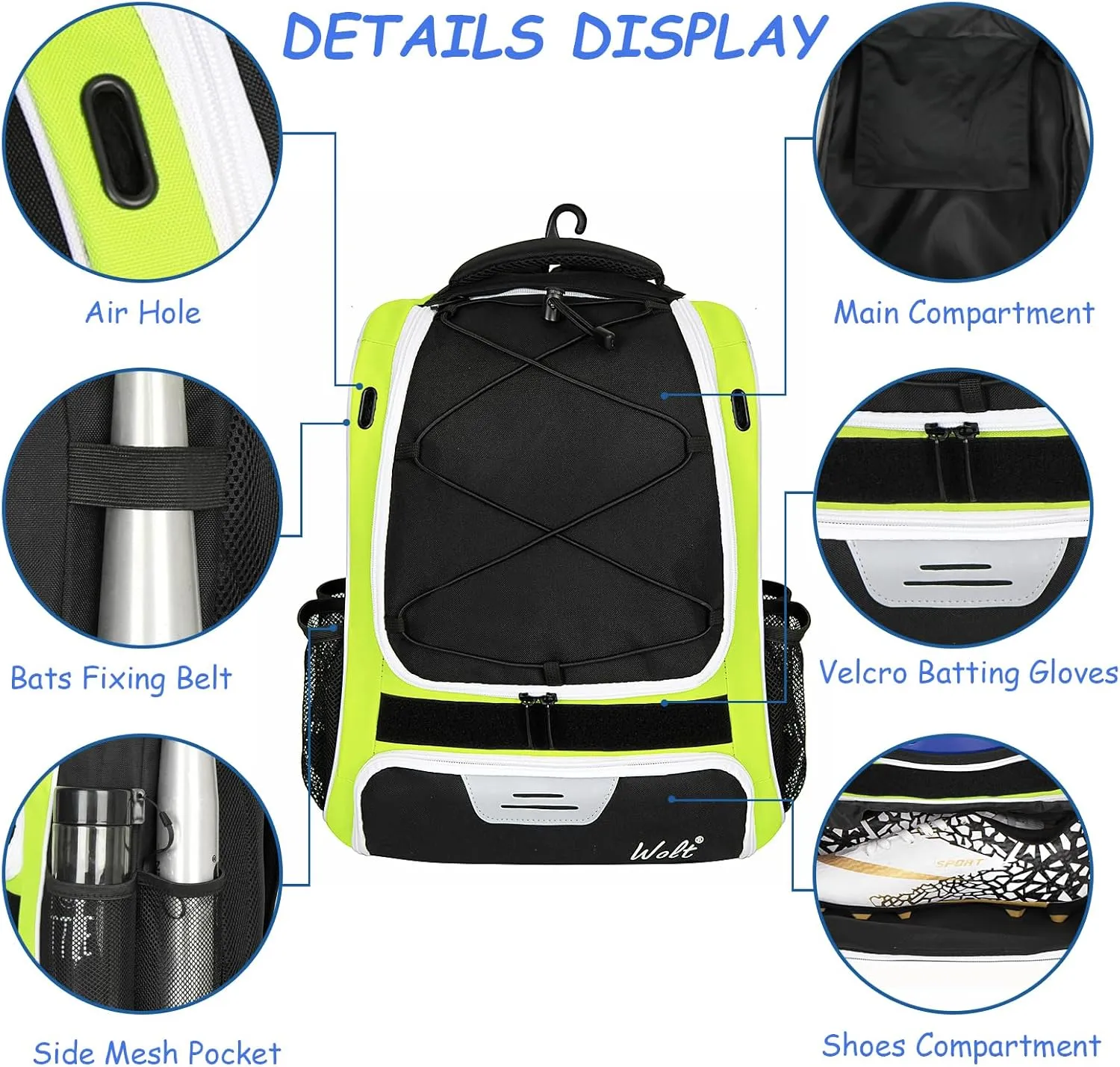 WOLT Youth Baseball Bag - Bat Backpack for Baseball, T-Ball & Softball Equipment & Gear, Bat & Glove Holder, Large Main Compartment for Helmet & accessories, Separate Shoes Compartment, Fence Hook