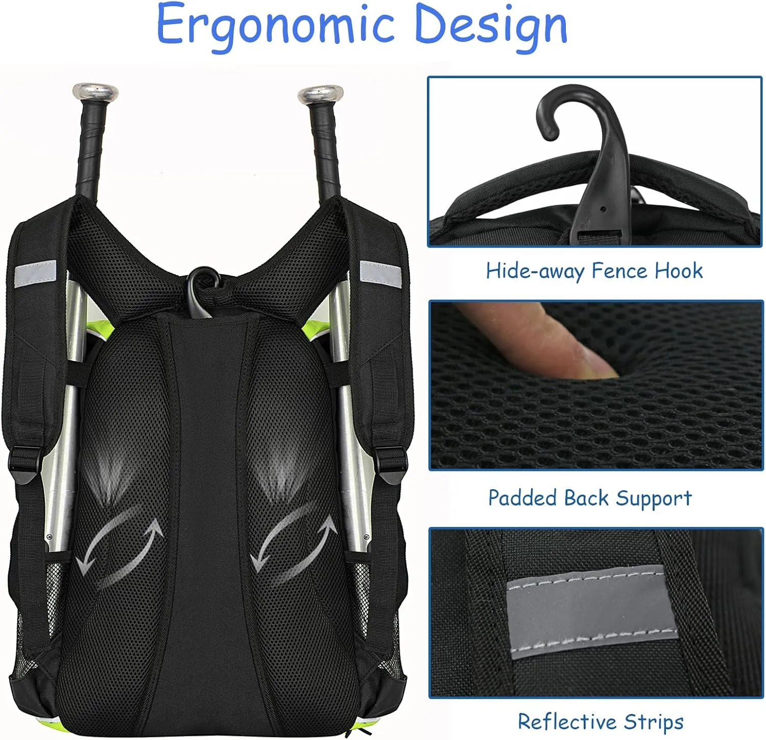 WOLT Youth Baseball Bag - Bat Backpack for Baseball, T-Ball & Softball Equipment & Gear, Bat & Glove Holder, Large Main Compartment for Helmet & accessories, Separate Shoes Compartment, Fence Hook