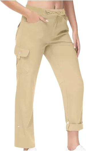 Women Pants Flowy Pants Womens High Waisted Stretchy with Pockets High Waist Adjustable Knot Loose Casual Trousers