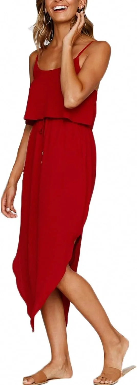 Women's Adjustable Strappy Split Summer Beach Casual Midi Dress