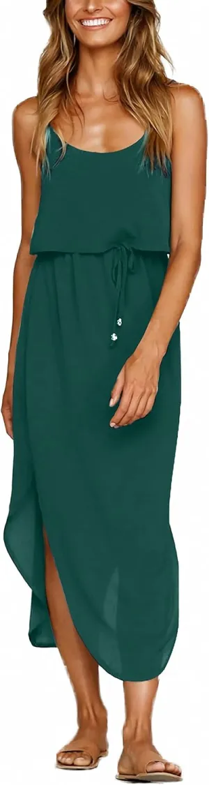 Women's Adjustable Strappy Split Summer Beach Casual Midi Dress