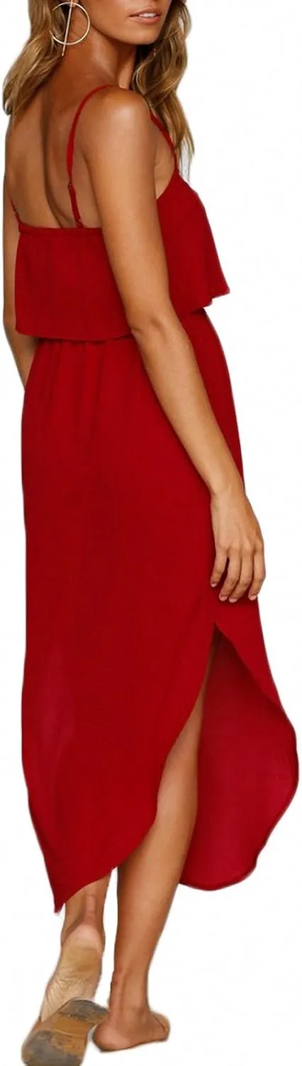 Women's Adjustable Strappy Split Summer Beach Casual Midi Dress