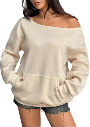 Women's Oversized Off Shoulder Sweatshirts Long Sleeve Basic Thermal Pullover Tops with Pocket