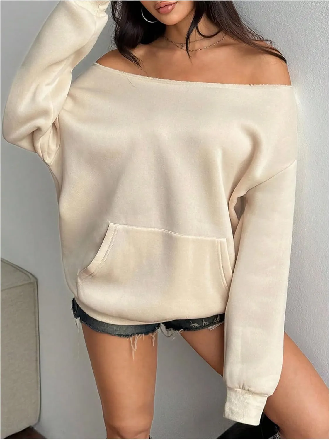 Women's Oversized Off Shoulder Sweatshirts Long Sleeve Basic Thermal Pullover Tops with Pocket