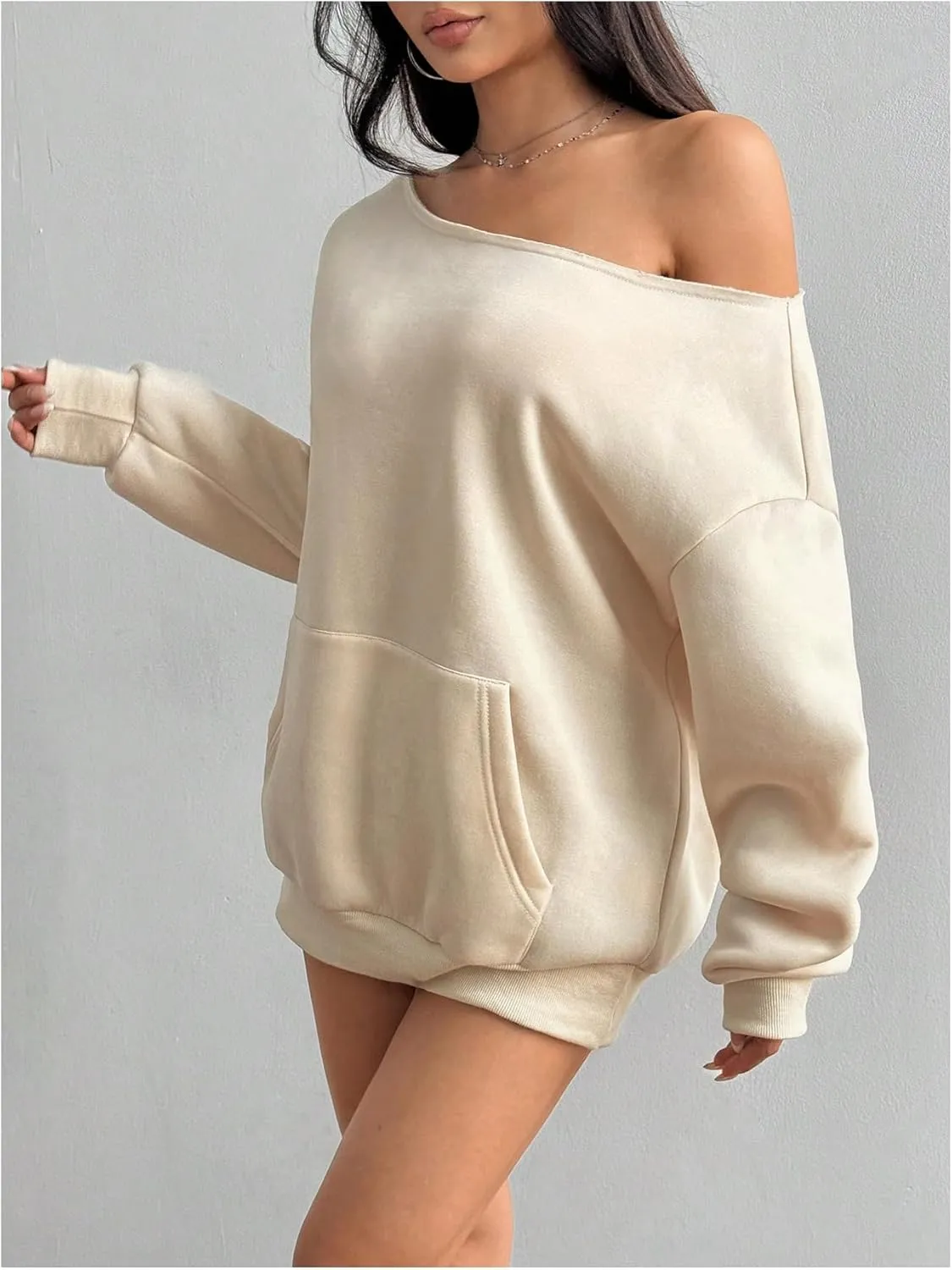 Women's Oversized Off Shoulder Sweatshirts Long Sleeve Basic Thermal Pullover Tops with Pocket