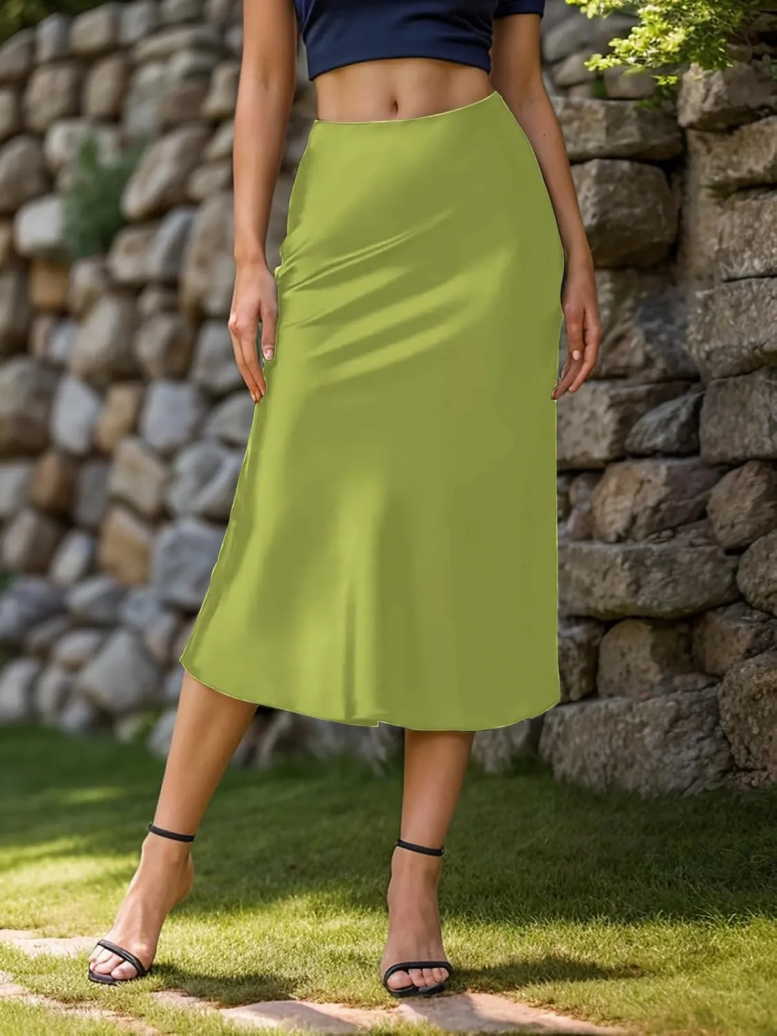 Women's Satin High Waist Hidden Elasticized Waistband Flared Casual A Line Midi Skirt