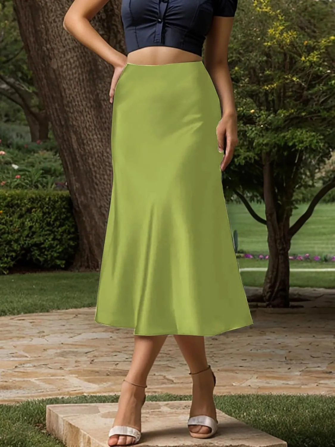 Women's Satin High Waist Hidden Elasticized Waistband Flared Casual A Line Midi Skirt