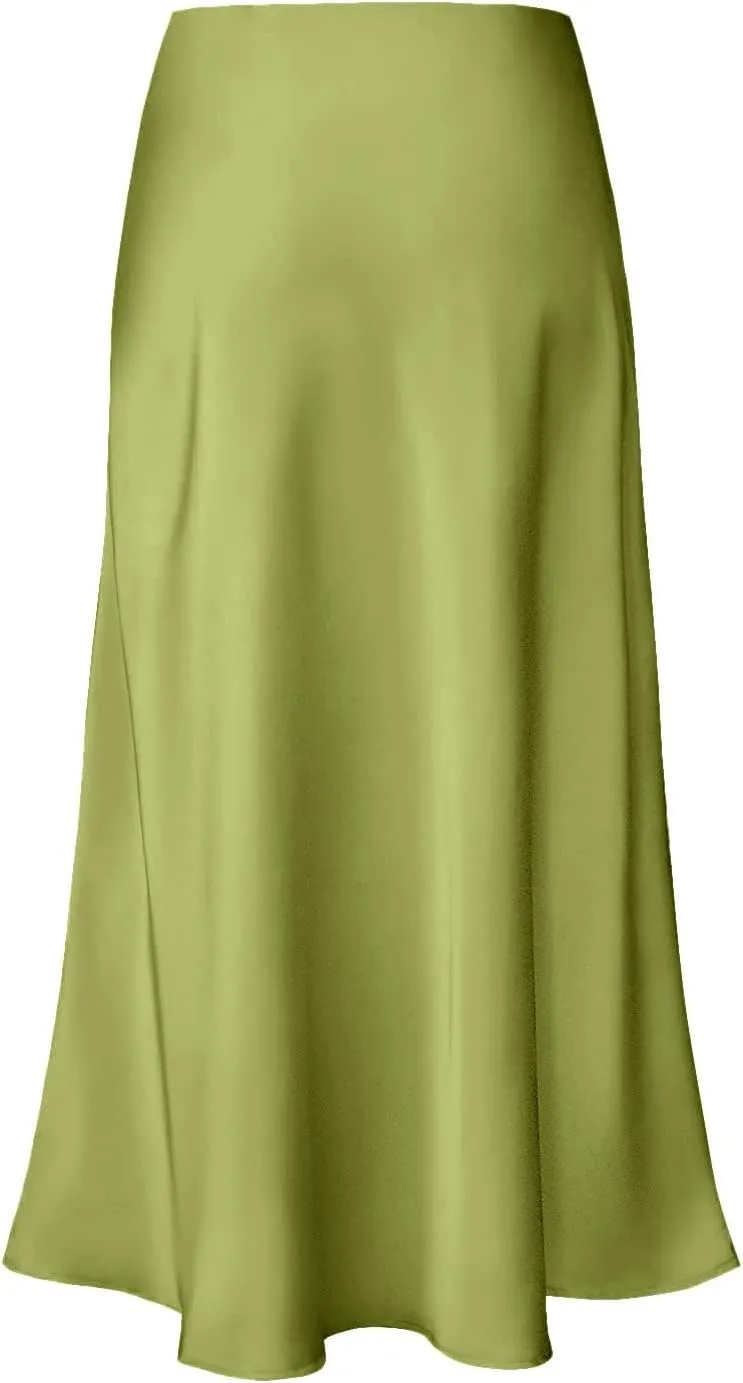 Women's Satin High Waist Hidden Elasticized Waistband Flared Casual A Line Midi Skirt