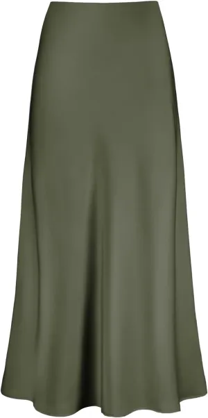 Women's Satin High Waisted Maxi Skirts Hidden Elasticized Waistband A Line Long Skirt
