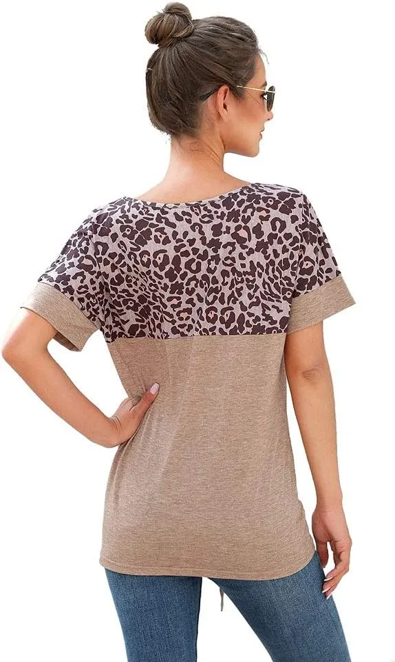 Women's Short Sleeve Leopard Print Color Block Blouse Shirt Front Tie Chest Pocket Casual Top