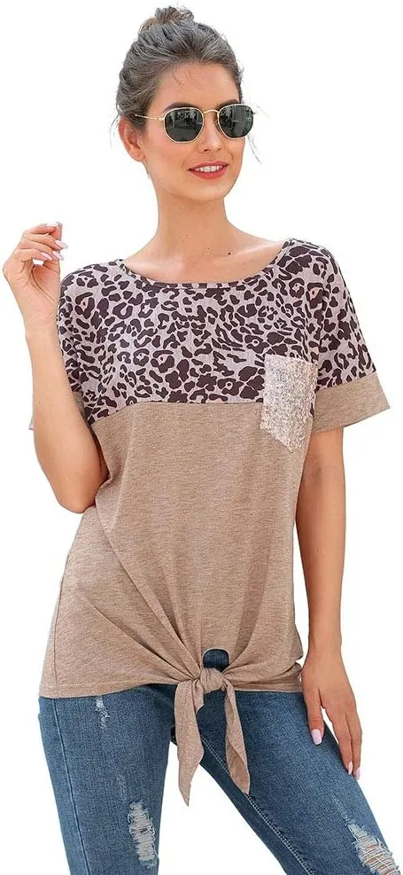Women's Short Sleeve Leopard Print Color Block Blouse Shirt Front Tie Chest Pocket Casual Top