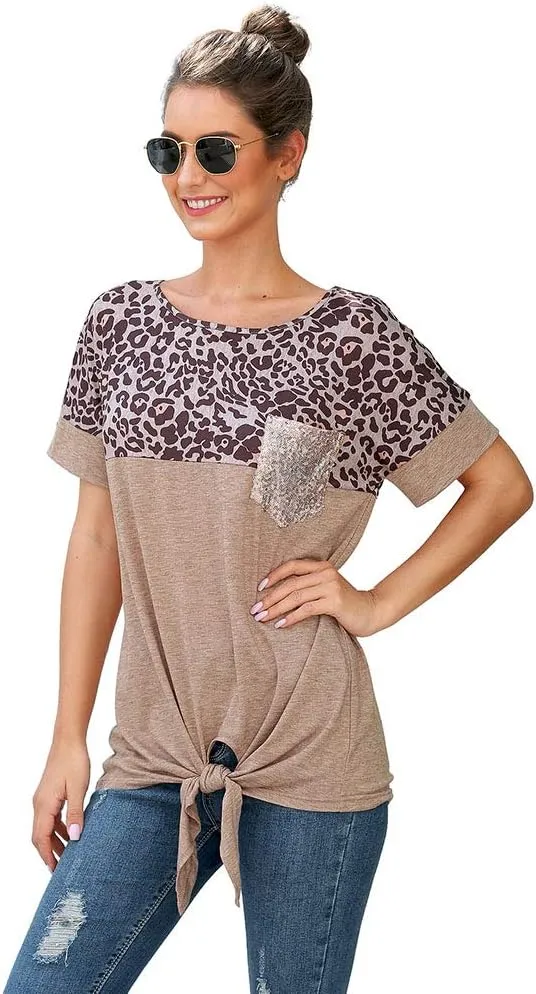 Women's Short Sleeve Leopard Print Color Block Blouse Shirt Front Tie Chest Pocket Casual Top